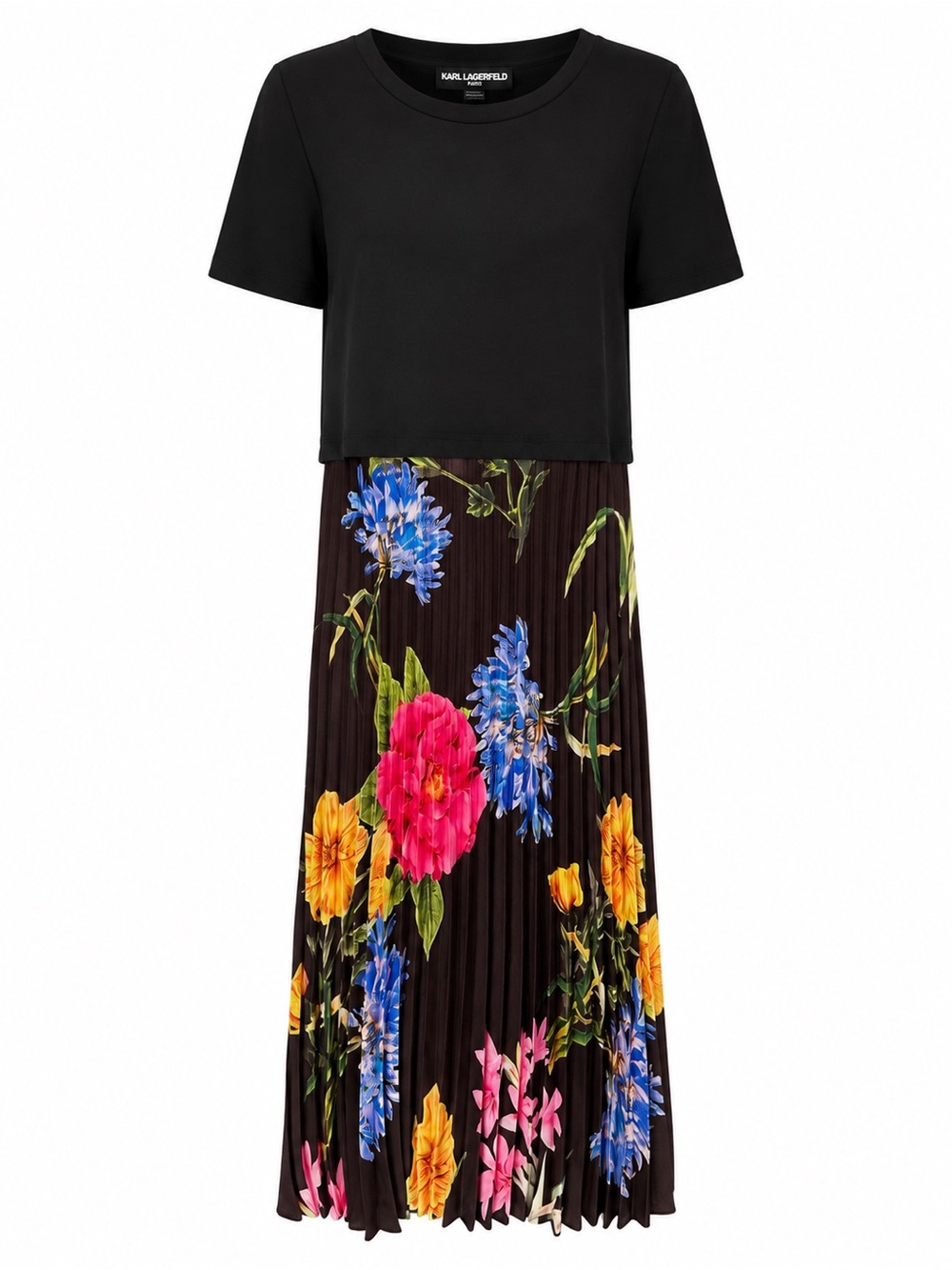 Karl Lagerfeld Paris Floral Pleated Midi Dress NWT Size 14 Black Bright Floral